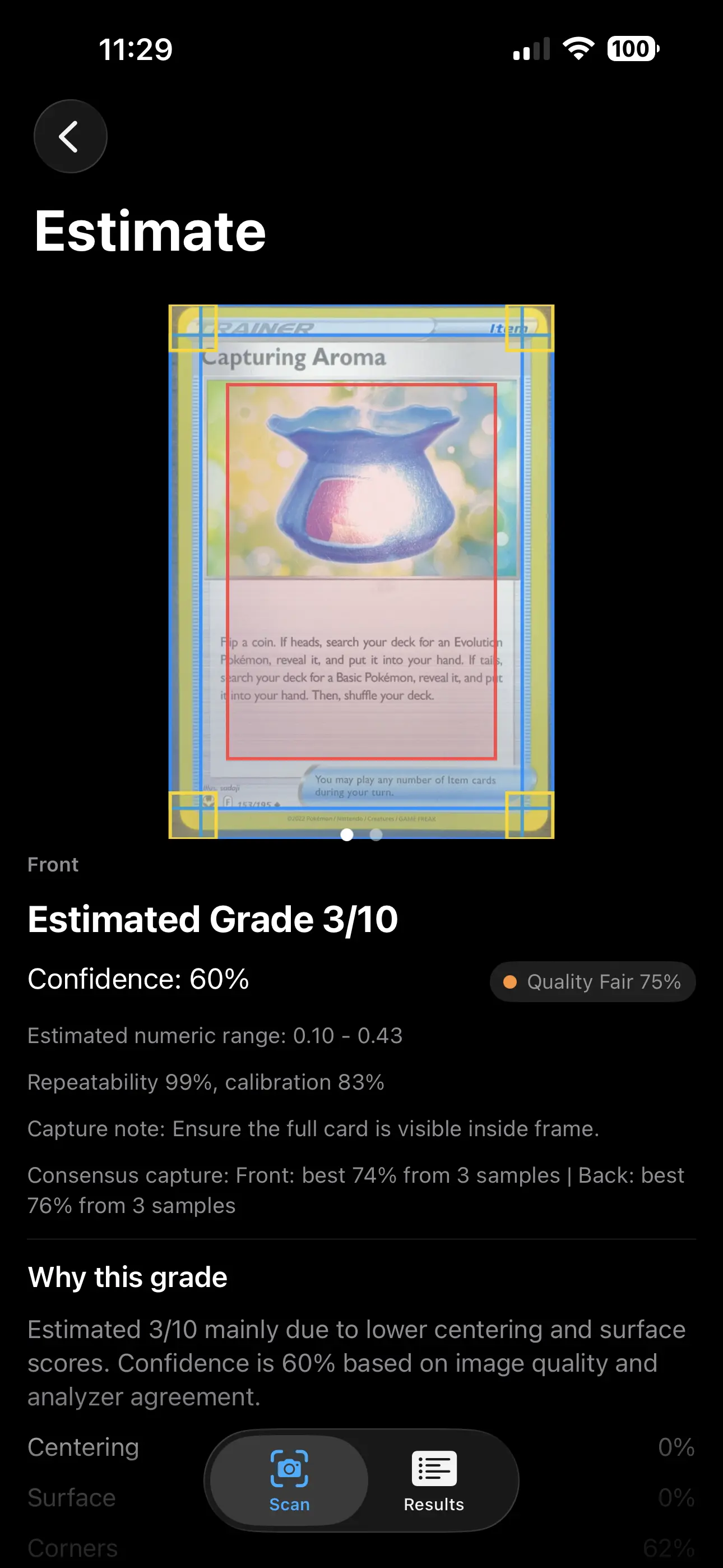 Mock card scan with highlighted defect regions